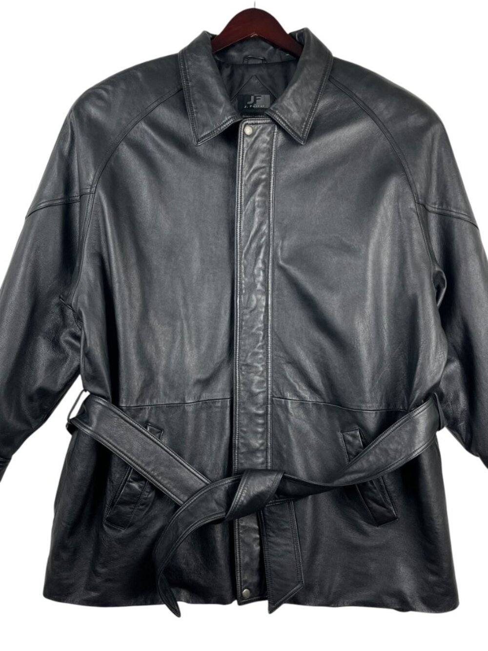 Vintage J Ferrar Men's Lambskin Leather Jacket XXL Black Belted Trench Coat Y2K